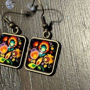 Floral Square Drop Earrings - Black Background